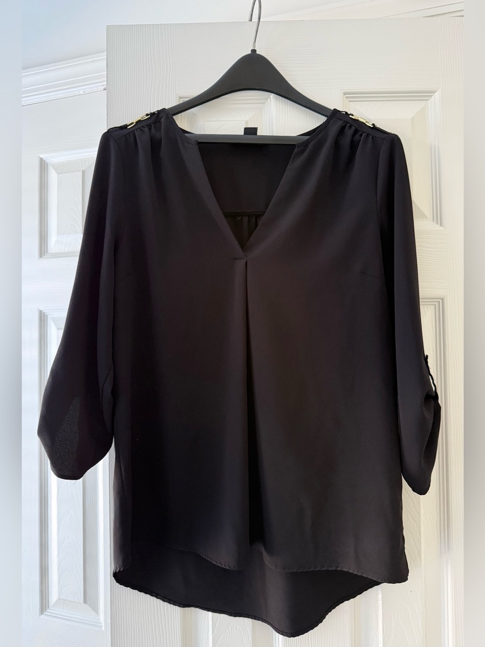Atmosphere Women’s Black V-Neck Blouse with Gold Shoulder Hardware - Size 12